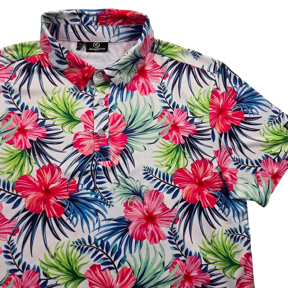 GreenSide Golf Polo Shirt Tropical Floral Hibiscus White‎ Mens Medium
